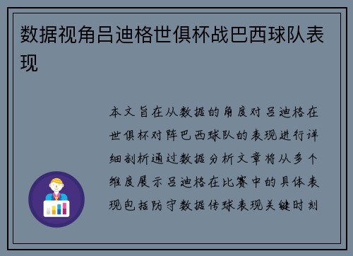 数据视角吕迪格世俱杯战巴西球队表现
